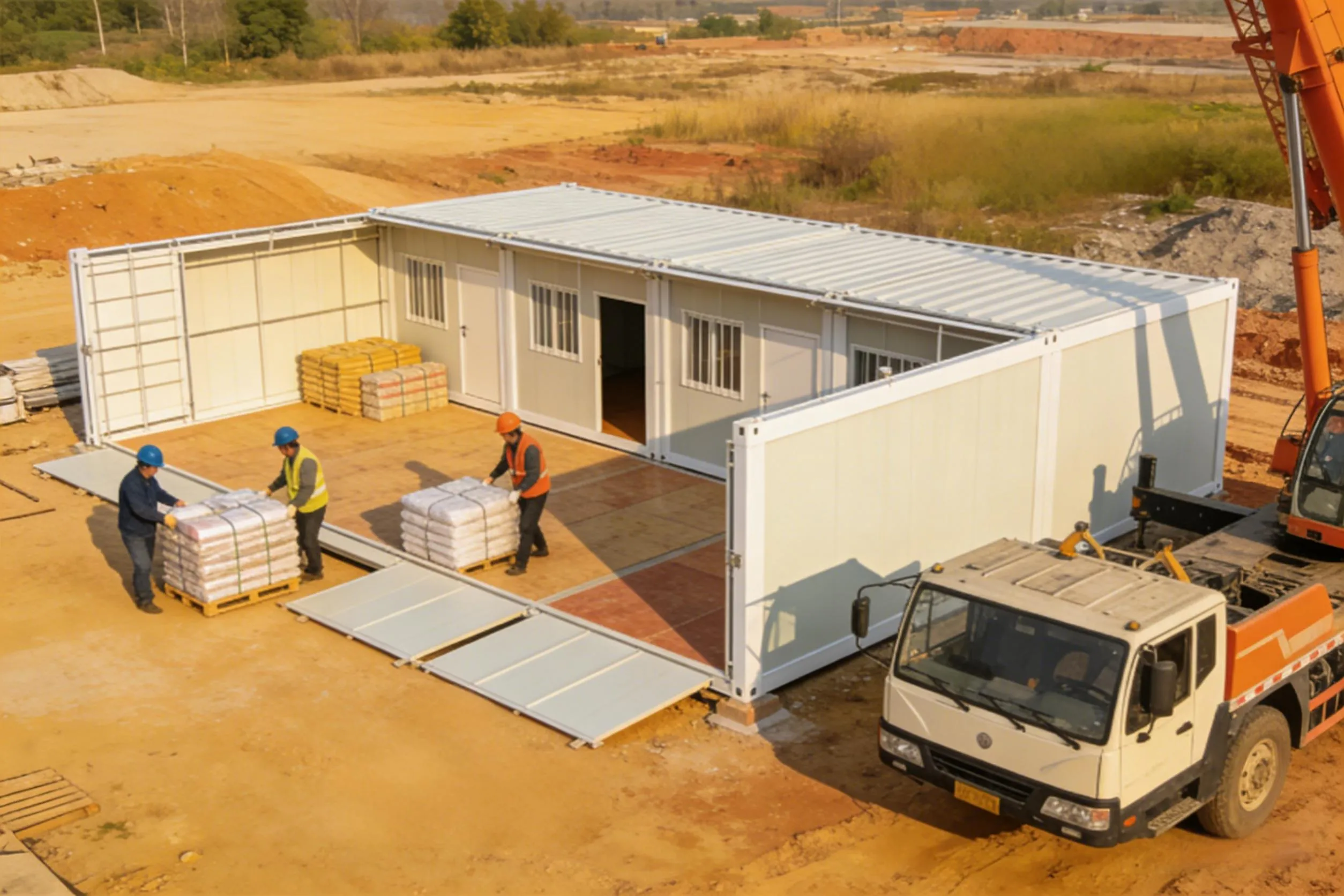 Folding container house opened at a construction site as a product reference